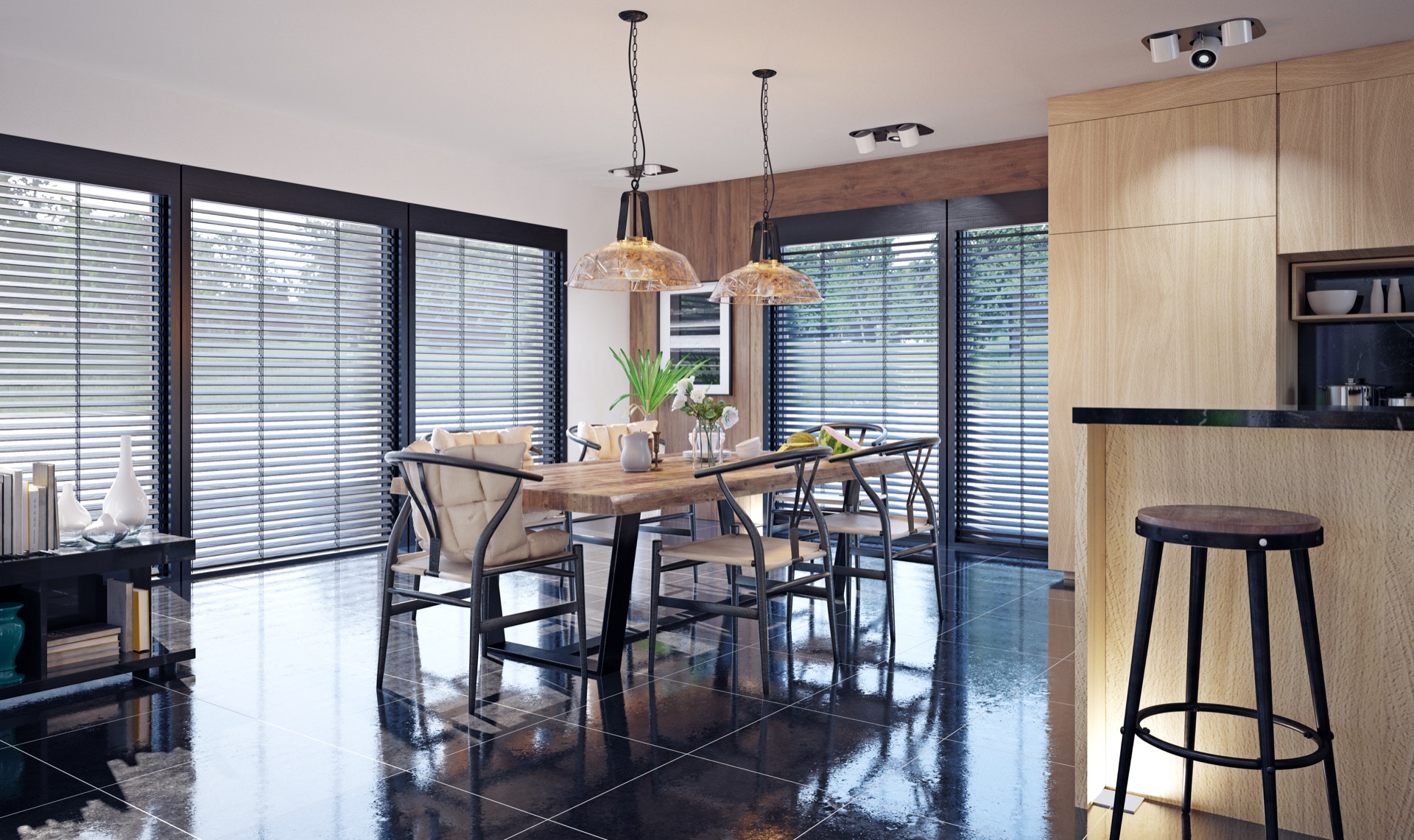 Modern dining room with modern blinds