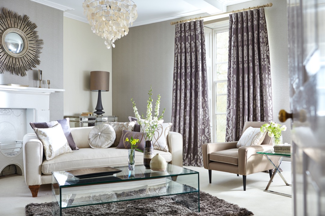 Beautiful living room with patterned drapes