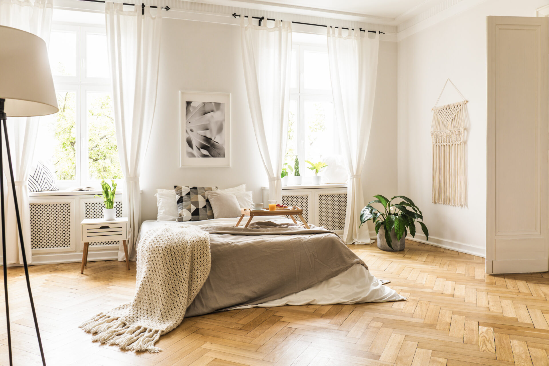 Bedroom with tall ceilings